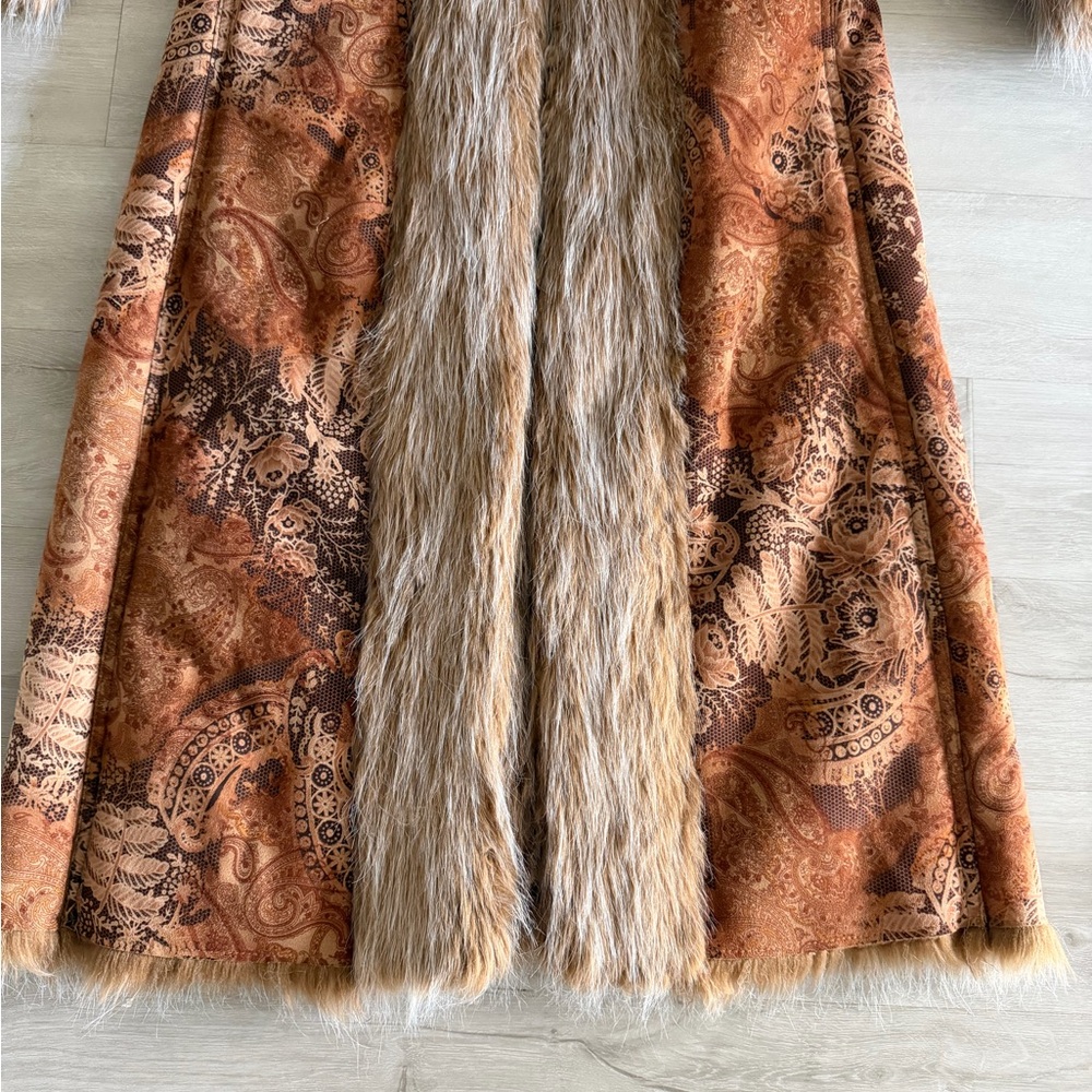 Vintage Newport News 90s Brown Paisley Penny Lane Coat Faux Fur Trim UNWORN Sz 8 - Picture 6 of 7